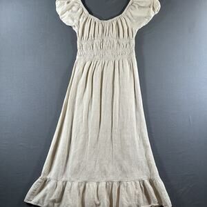Beige Solid Scoop Neck Smocked Ruffle Puff Sleeve Maxi Dress XS Regular